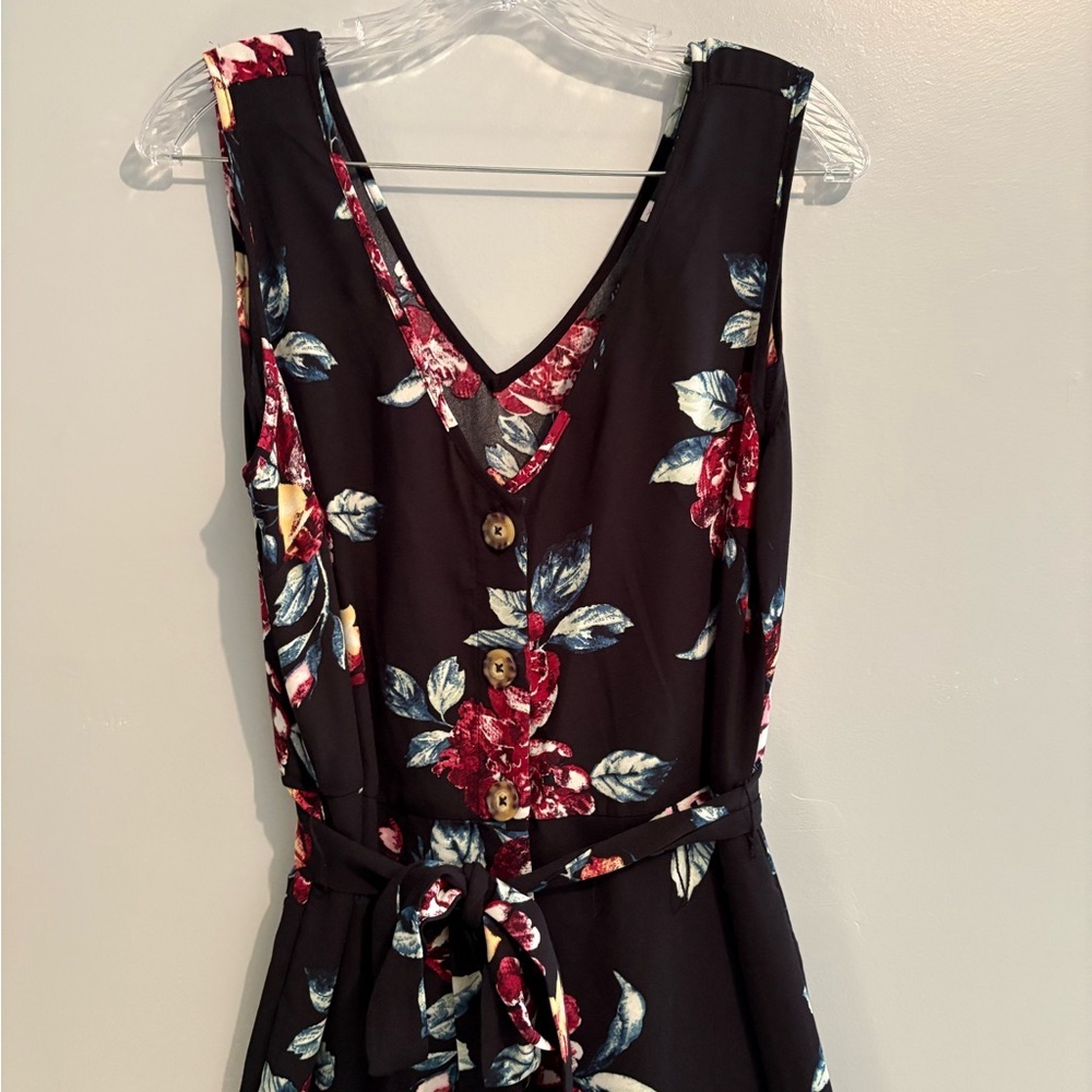 Xhilaration Women's Jumpsuit Large Floral Black Sleeveless V-Neck Button Front - Picture 11 of 16